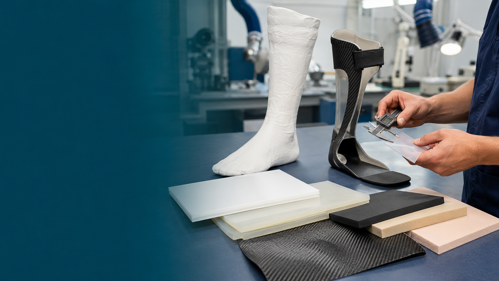 AFO materials arranged in a professional orthotics workshop