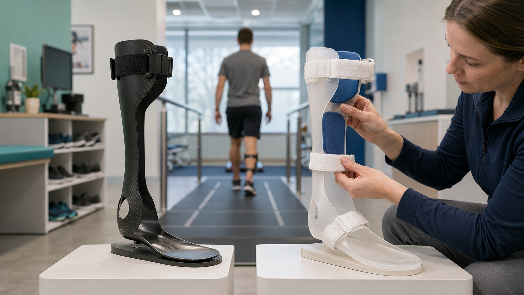 Carbon-composite anterior AFO and custom thermoplastic AFO being compared