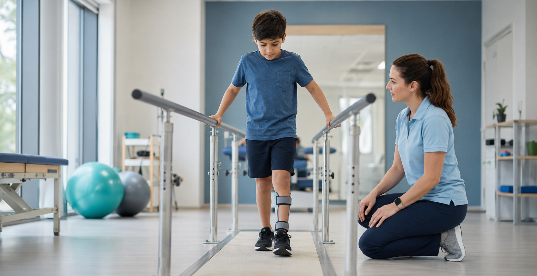 Child wearing an AFO during a supported gait assessment