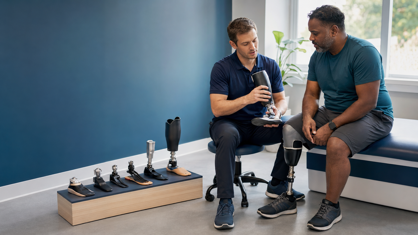 Prosthetist discussing component choices with a lower-limb prosthesis user
