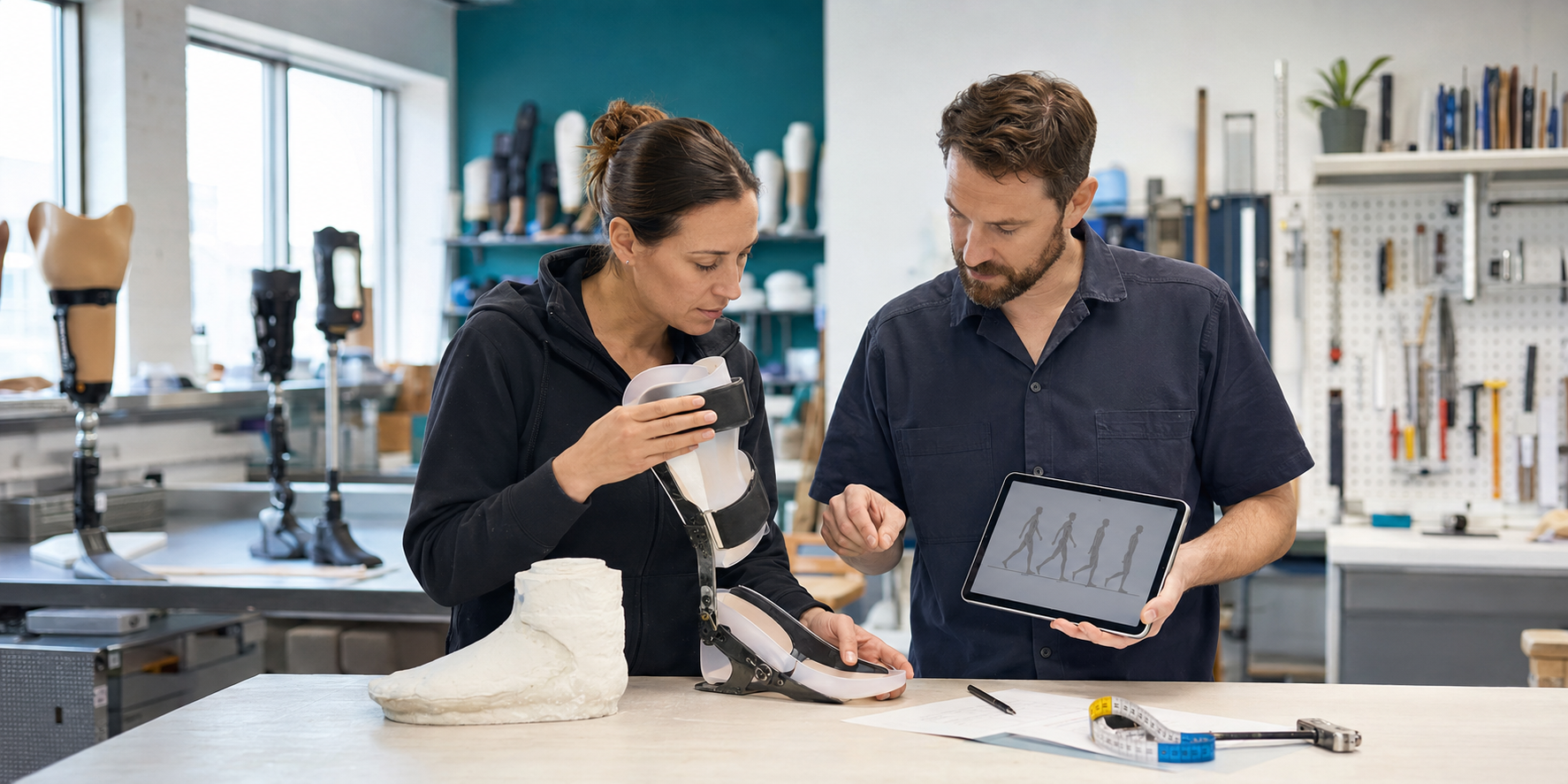 Clinician and orthotic technician reviewing a device and fabrication information