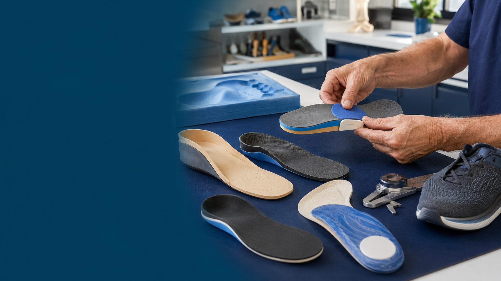 Orthotist modifying different types of prefabricated insole blanks