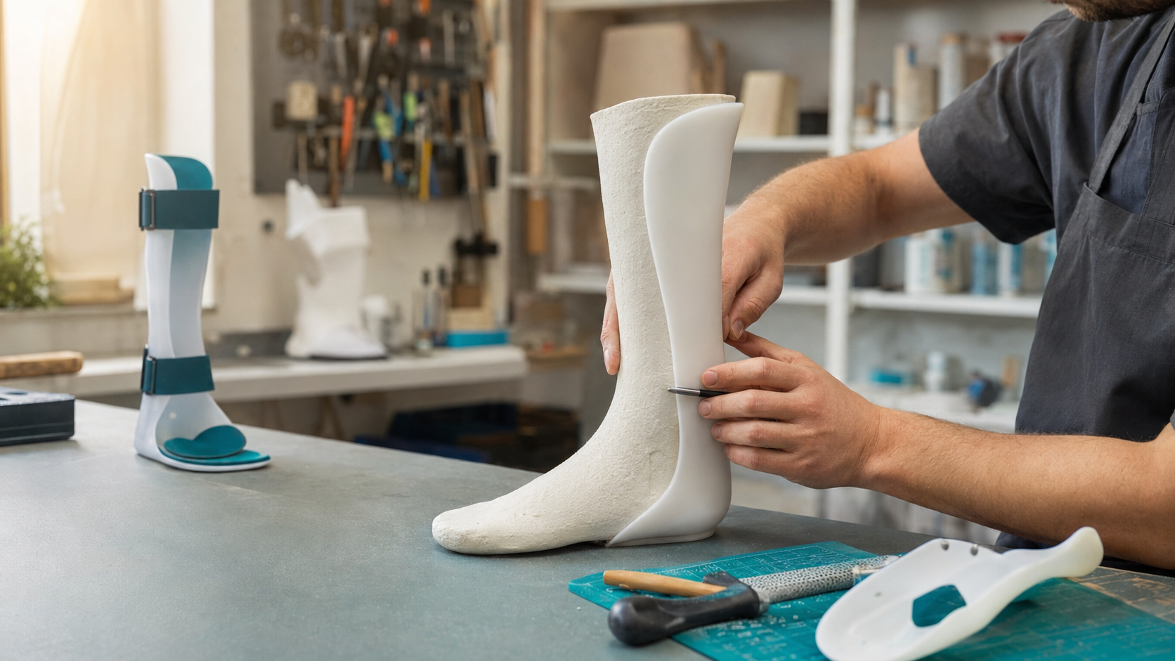 Custom AFO fabrication in an orthotics workshop