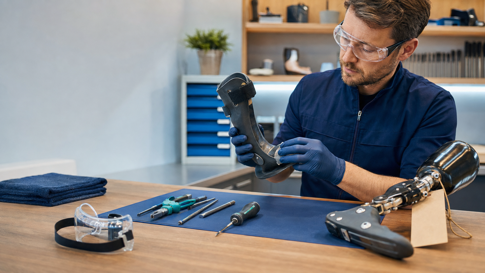 Technician safely inspecting prosthetic components