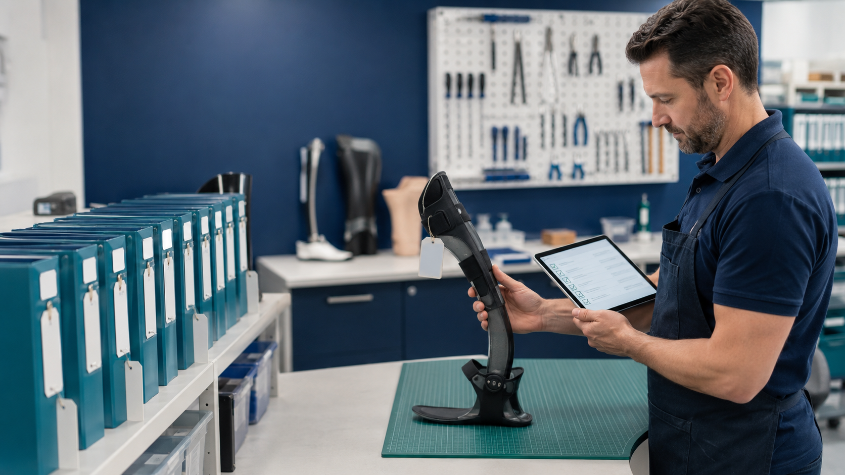 Technician verifying an orthosis against digital documentation