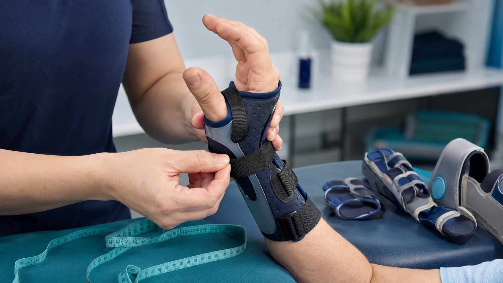 Clinician adjusting a prefabricated wrist-thumb orthosis