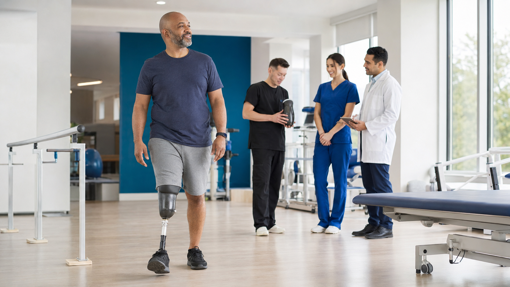 Lower-limb prosthesis user working with a multidisciplinary rehabilitation team