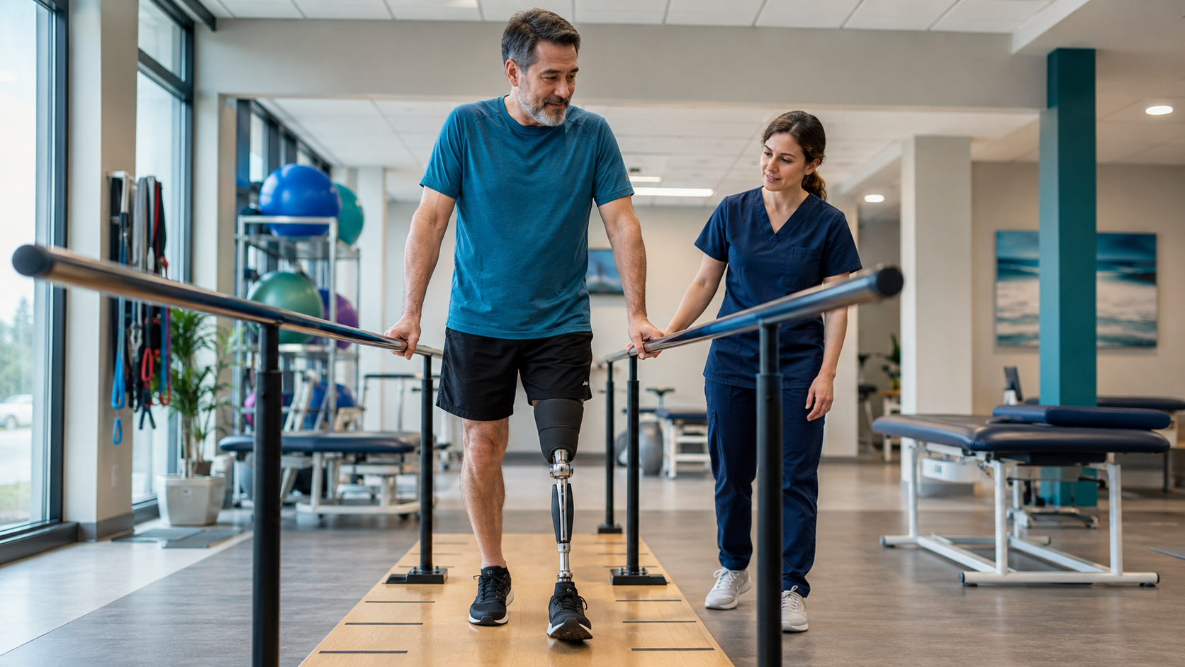 Lower-limb prosthesis user practicing balance safely during rehabilitation