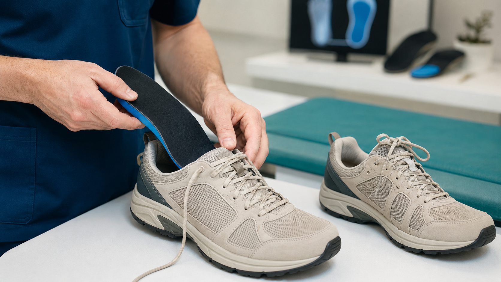 Orthotist placing a contoured insole into supportive footwear