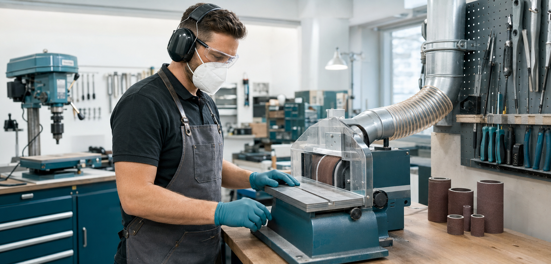 Technician inspecting guarded sanding machinery with PPE and dust extraction